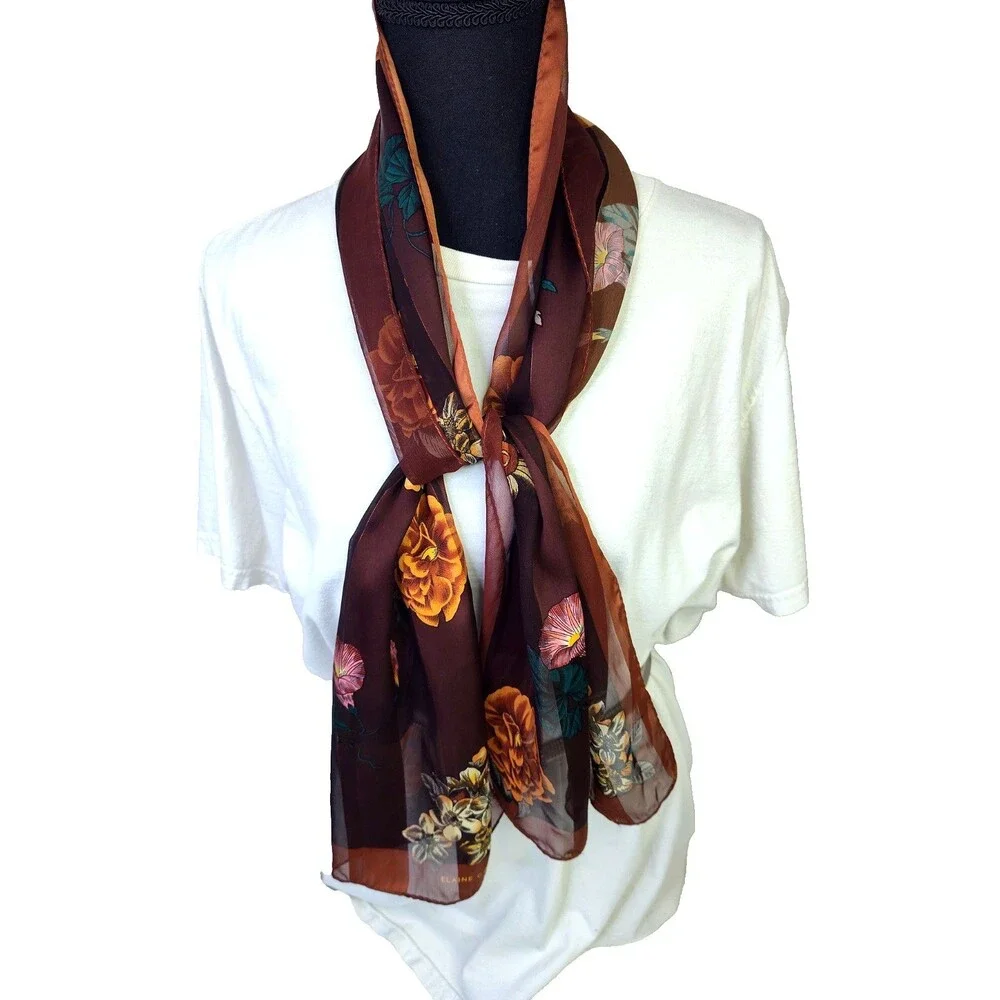 Elaine Gold Brown Floral Sheer Roses Long Vintage Chic 52